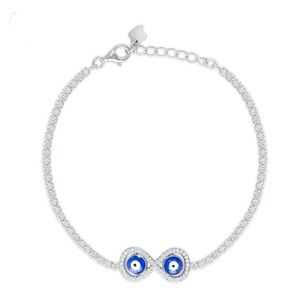 Silver 925 Evil Eye Bracelet Cubic Zirconia 7" Extendable Bracelet